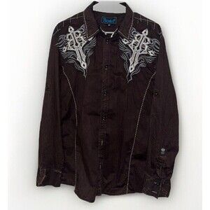 ROAR M Shirt Men Brown Button Down Biker Grunge Cross Embroidery Western Stitch
